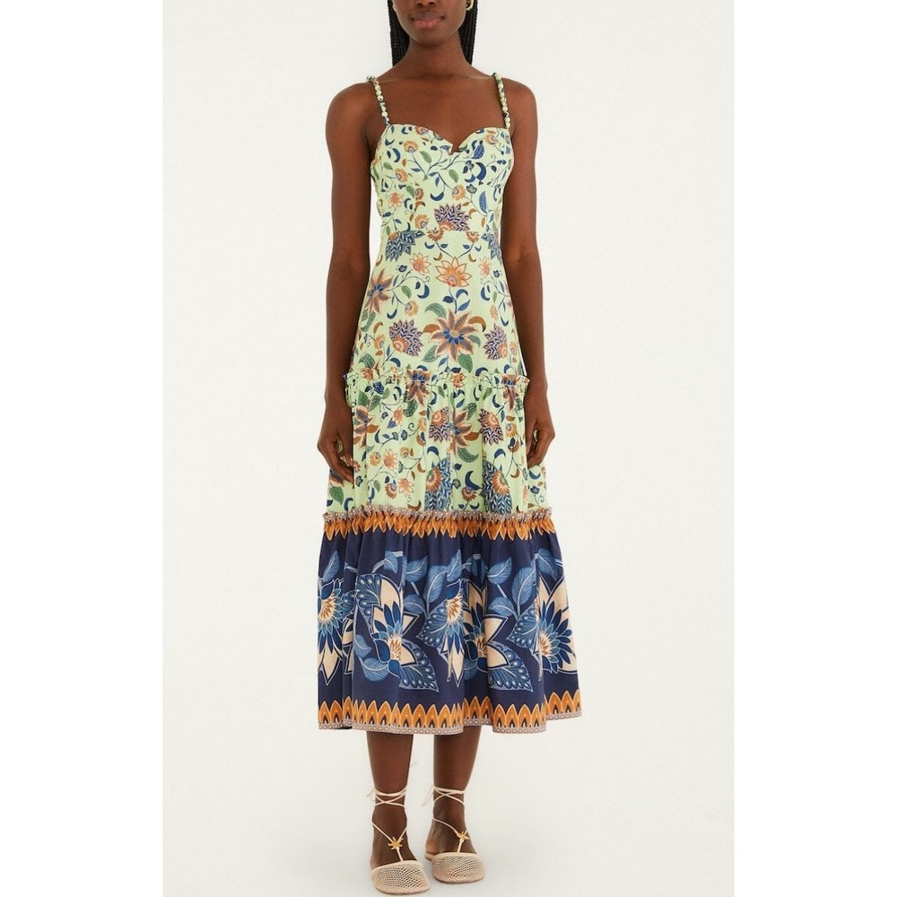 FARM Rio Floral Delhi Tapestry Midi Dress XL Green Beaded Straps Cotton NWT